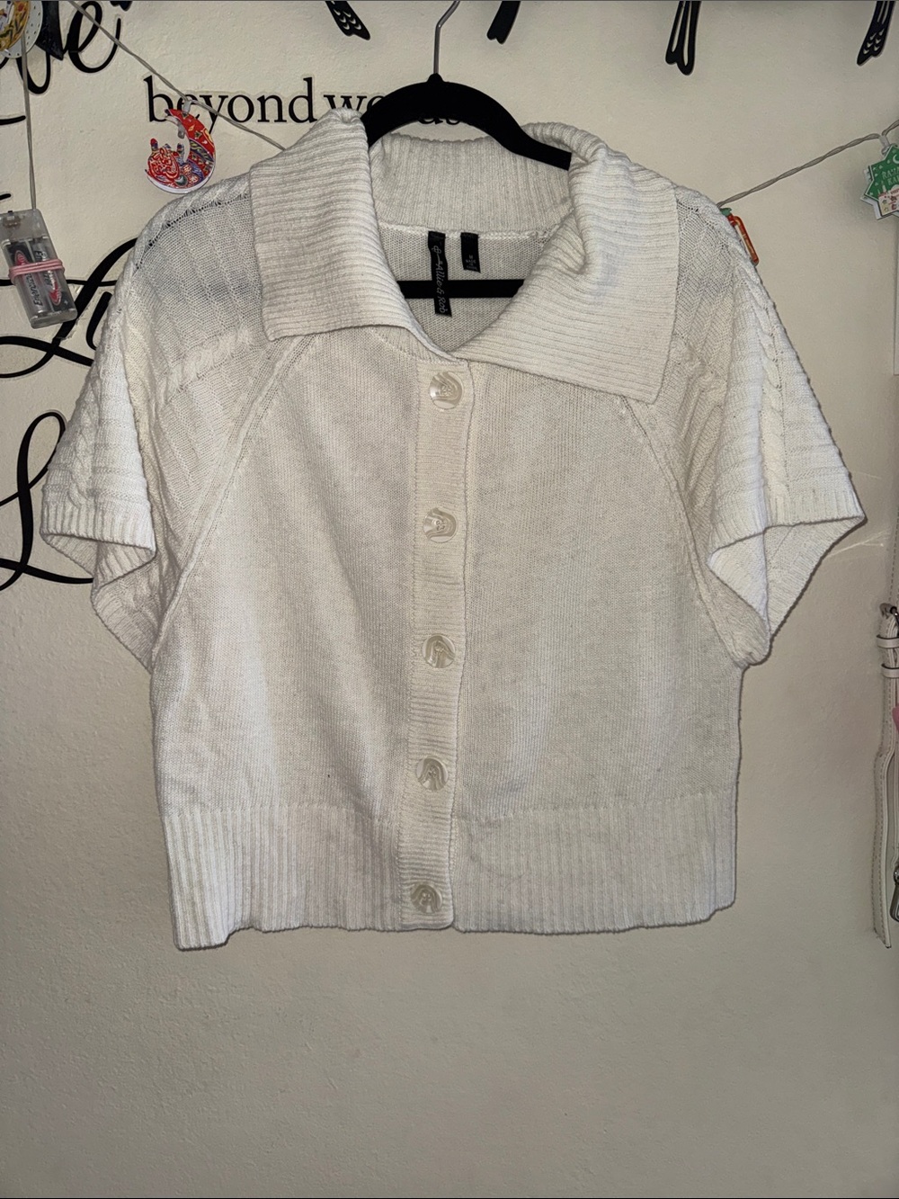 Allie & Rob Cream Short-Sleeve Button-Front Knit Top